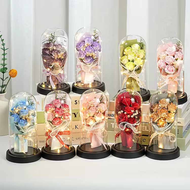 Glas Kuppel Sæbe Rose Buket Med LED